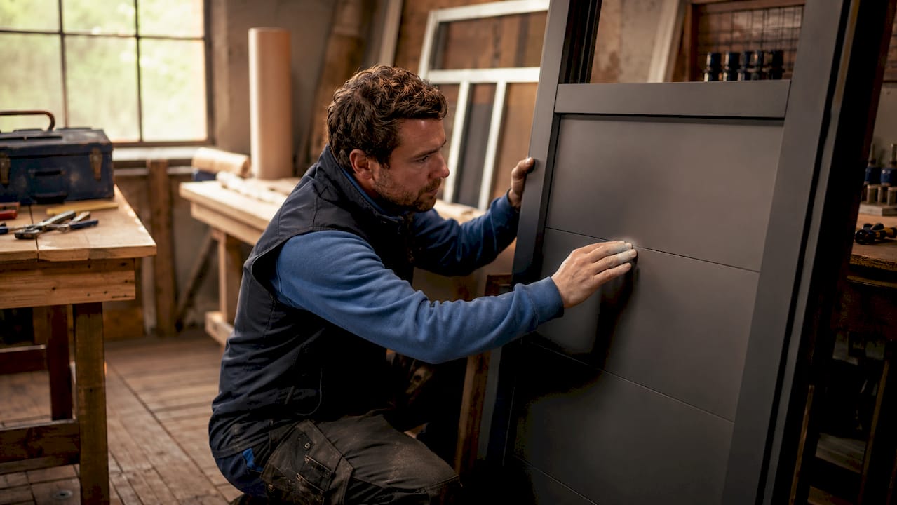 Een vakman schuurt zorgvuldig de rand van een stalen look deur bij.