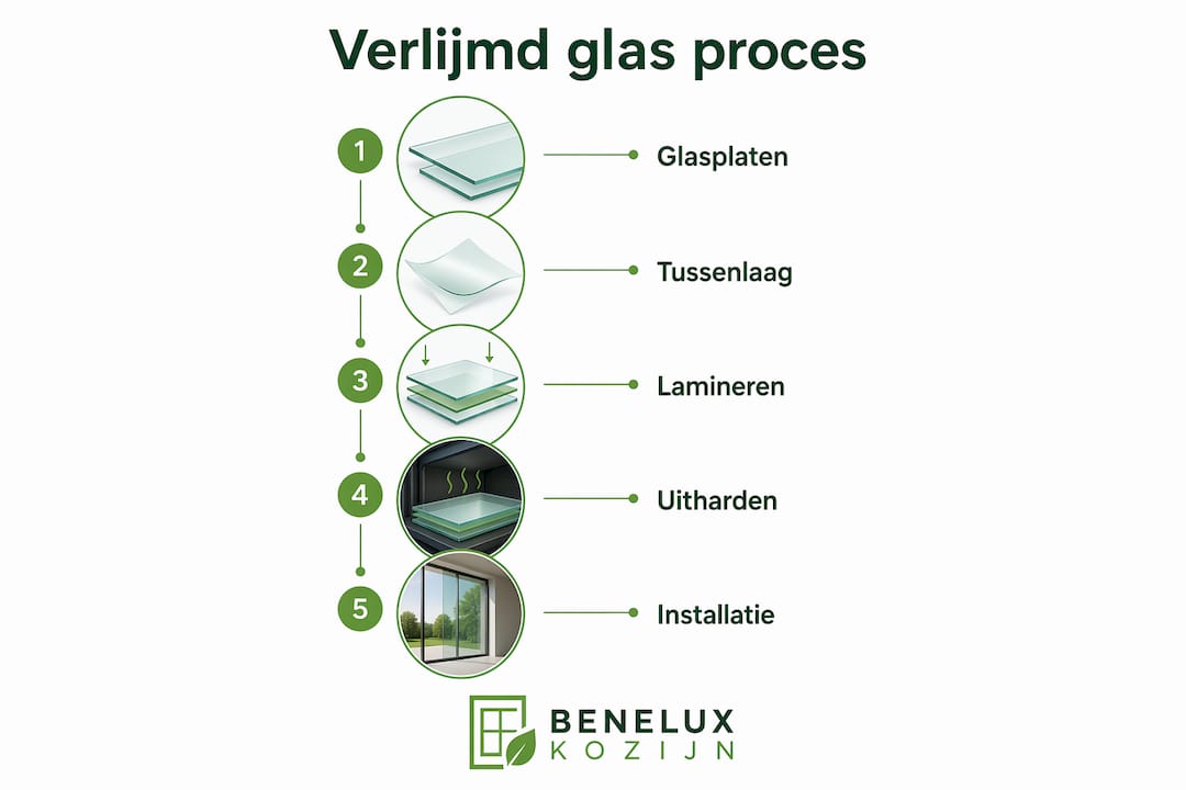 Overzichtelijke infographic met een duidelijke stap-voor-stap weergave van het verlijmingsproces van glas