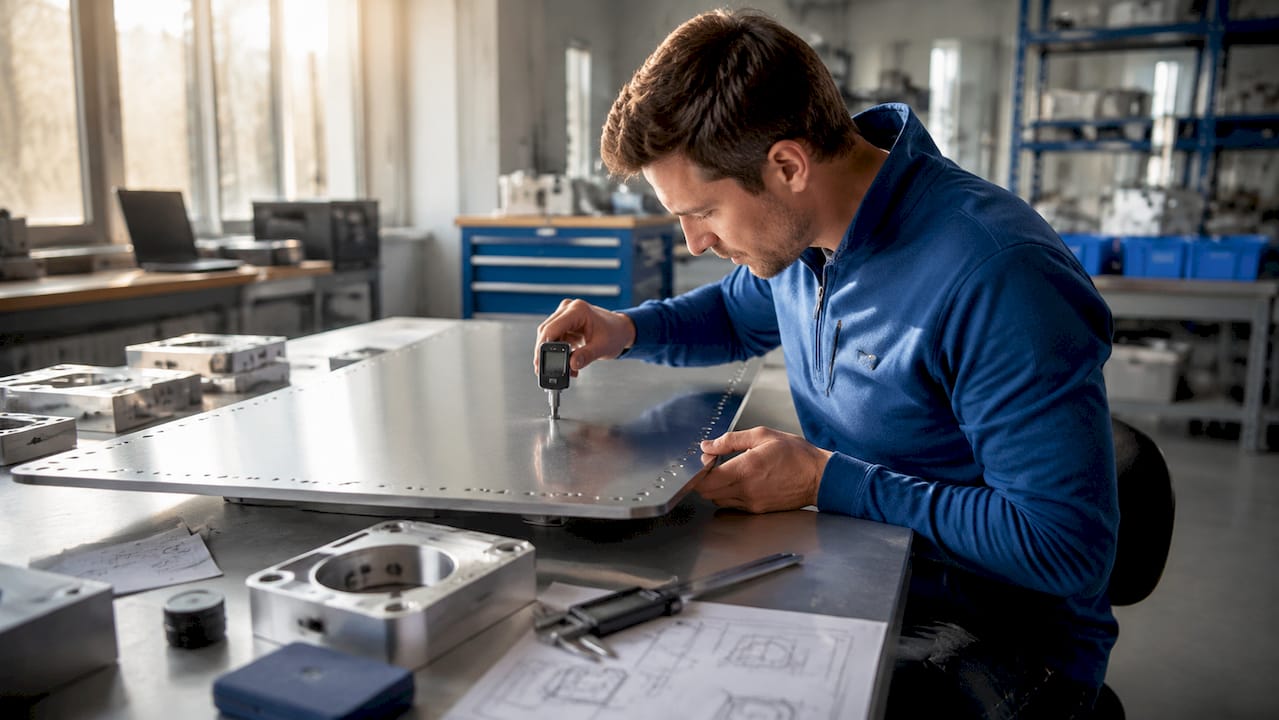 Handen die de dikte van geanodiseerd aluminium opmeten