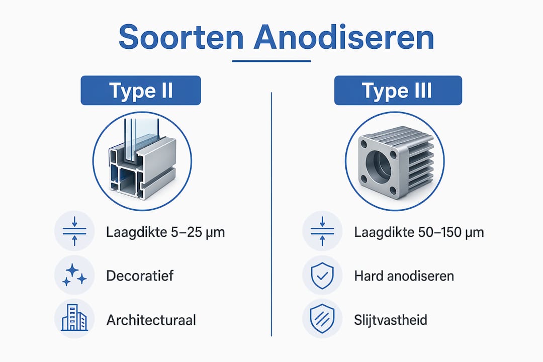 Overzichtelijke infographic met de belangrijkste verschillen tussen type II en type III anodiseren