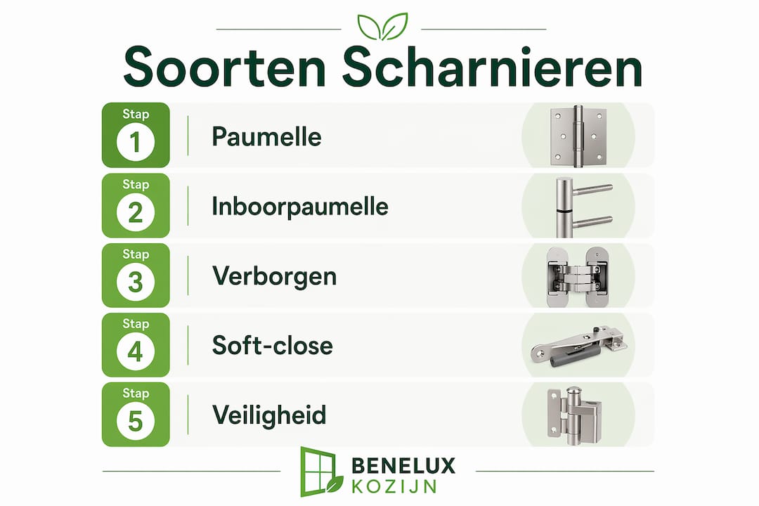 Infographic met een handig stappenplan en overzicht voor het kiezen van het juiste scharnier