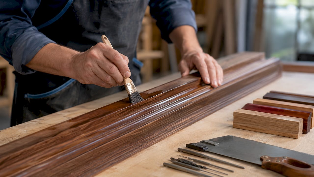 Detailopname van een houten deurkozijn met gereedschap erbij