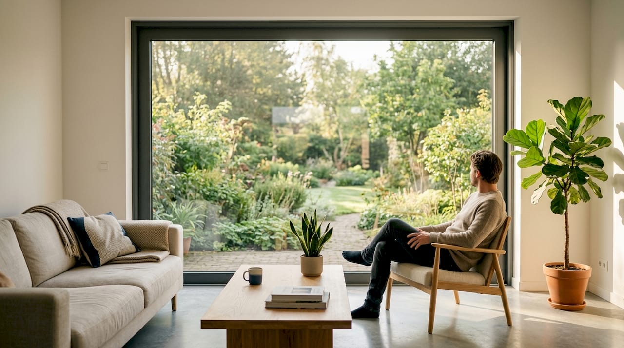 Detailopname van een gesloten aluminium raamprofiel, zonder dat het raam wordt geopend.