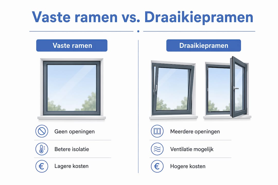 Overzicht: de verschillen tussen vaste ramen en draaikiepramen in beeld gebracht
