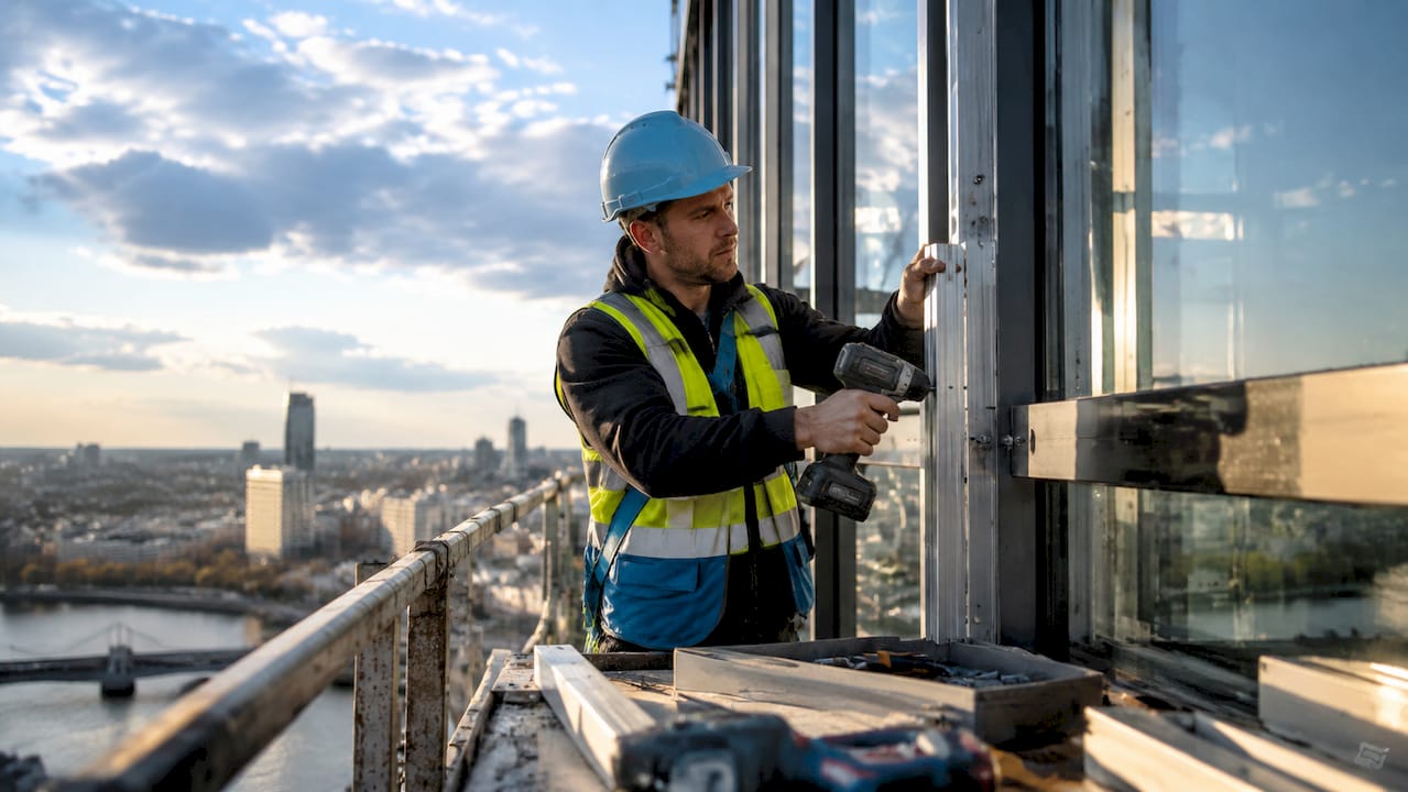 Een bouwvakker bevestigt een aluminium profiel aan een vliesgevel.