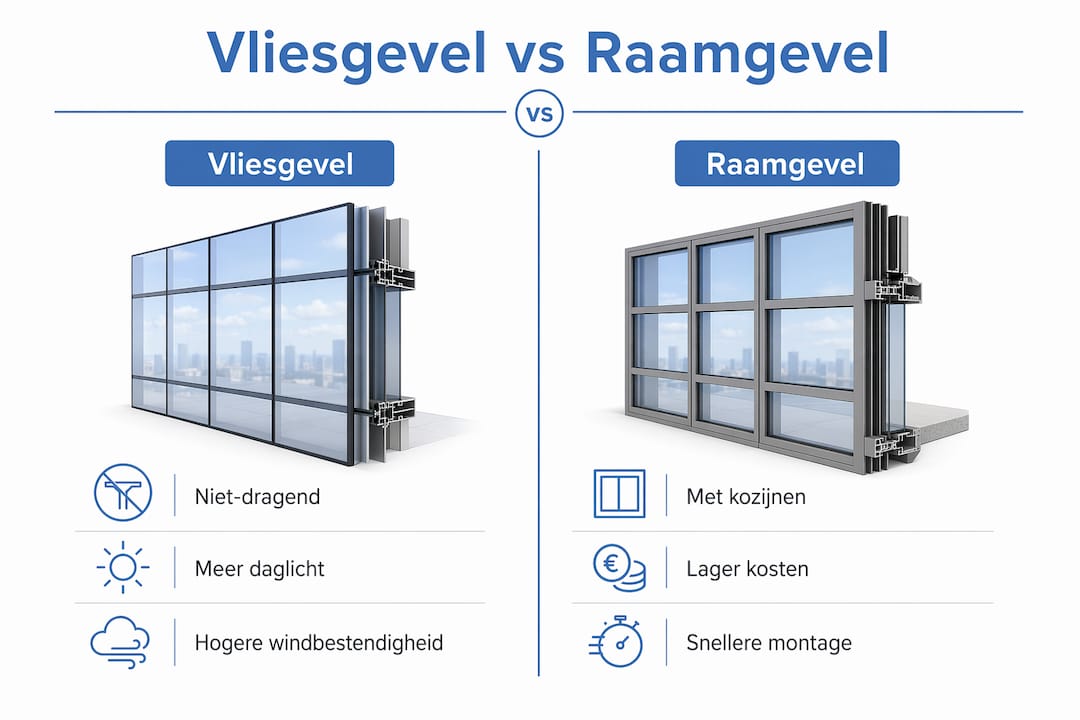 Infographic: de voordelen van een vliesgevel versus een traditionele raamgevel op een rij