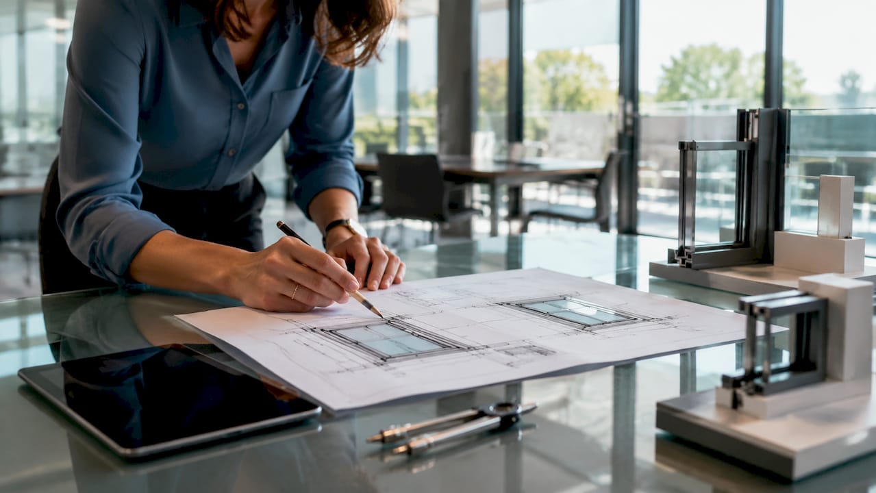 Een architect buigt zich over de ontwerptekeningen van innovatieve raamkozijnen.