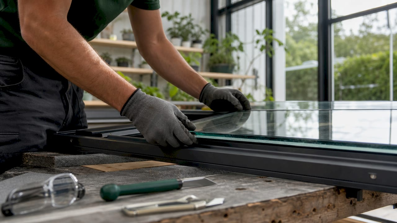 Detailopname van handen die veiligheidsglas plaatsen