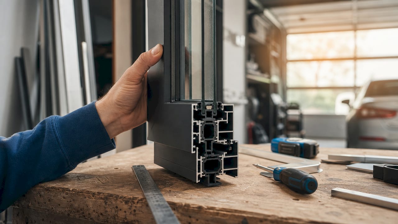 Met meetapparatuur in de hand wordt een aluminium kozijn nauwkeurig opgemeten.