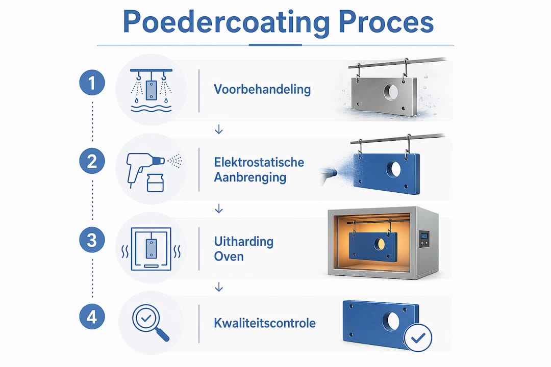 Overzichtelijke infographic: de vier belangrijkste stappen van het poedercoaten