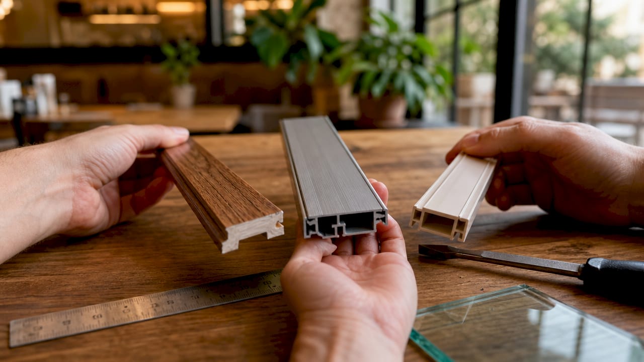 Handen laten zien hoe glaslatten eruitzien in hout, aluminium en kunststof