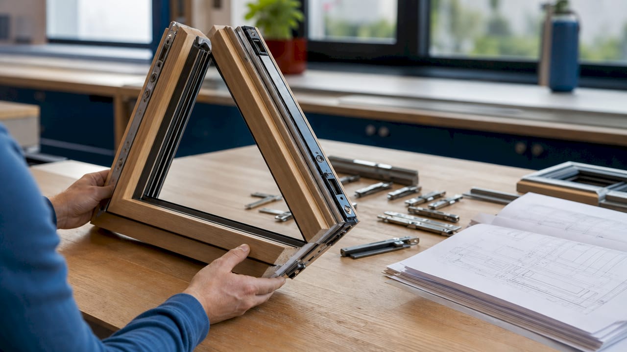 Overzicht van de losse onderdelen en technische tekening van een stolpraamframe