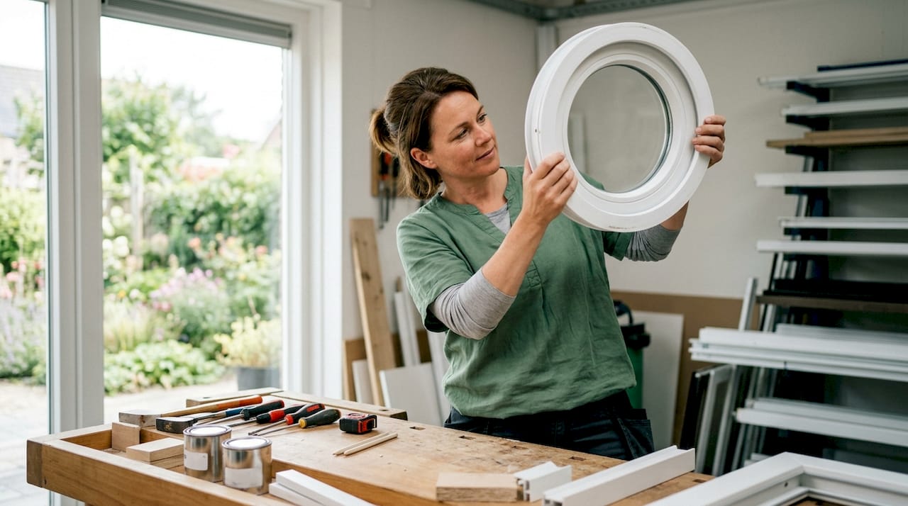 Een vakvrouw bekijkt aandachtig een proefmodel van een PVC raamkozijn.