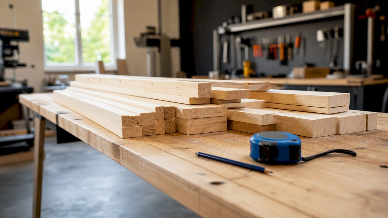 Een stapel houten spouwlatten met meetgereedschap erbij
