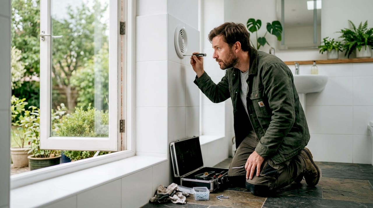 Een monteur controleert een ronde ventilatierooster.