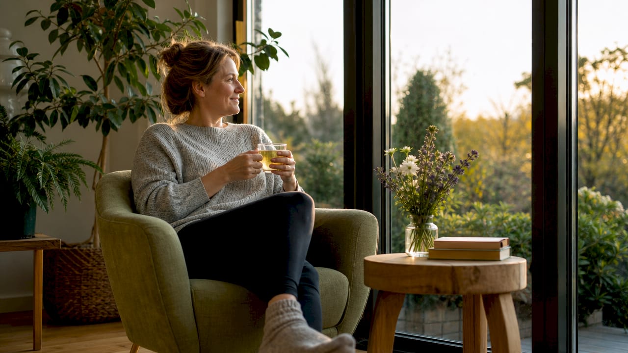 Een vrouw geniet van een rustig moment met een kop thee bij het goed geïsoleerde raam.