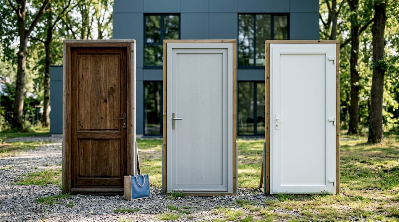 Detailopname van diverse materialen voor buitendeuren, mooi naast elkaar gepresenteerd.