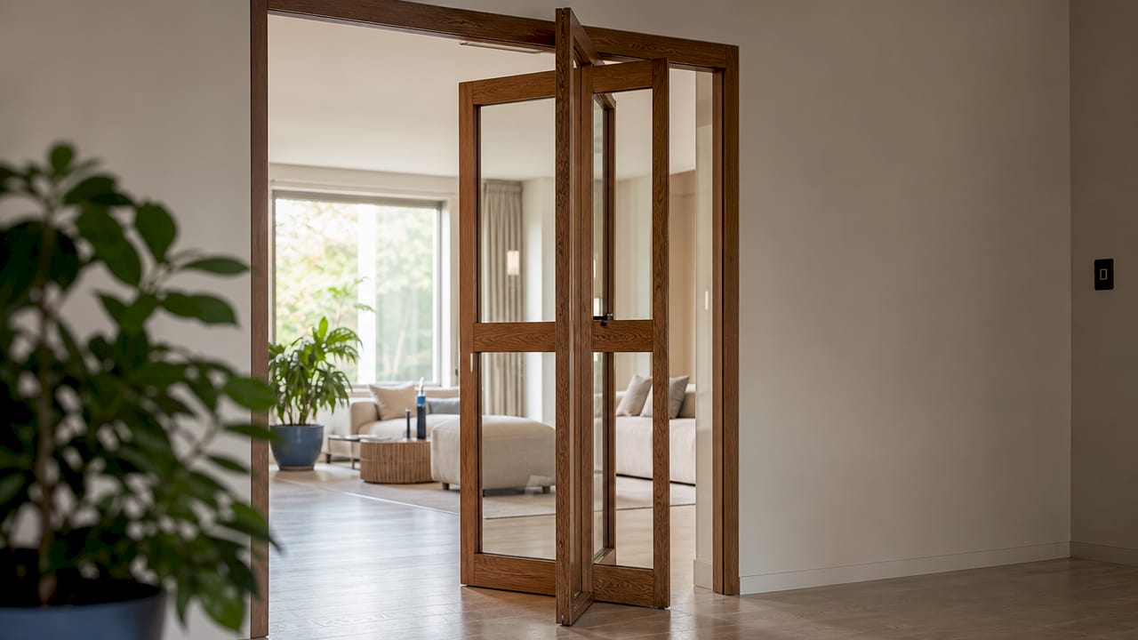 Een houten taatsdeur met glazen panelen zorgt voor een stijlvolle entree in de hal van je woning.