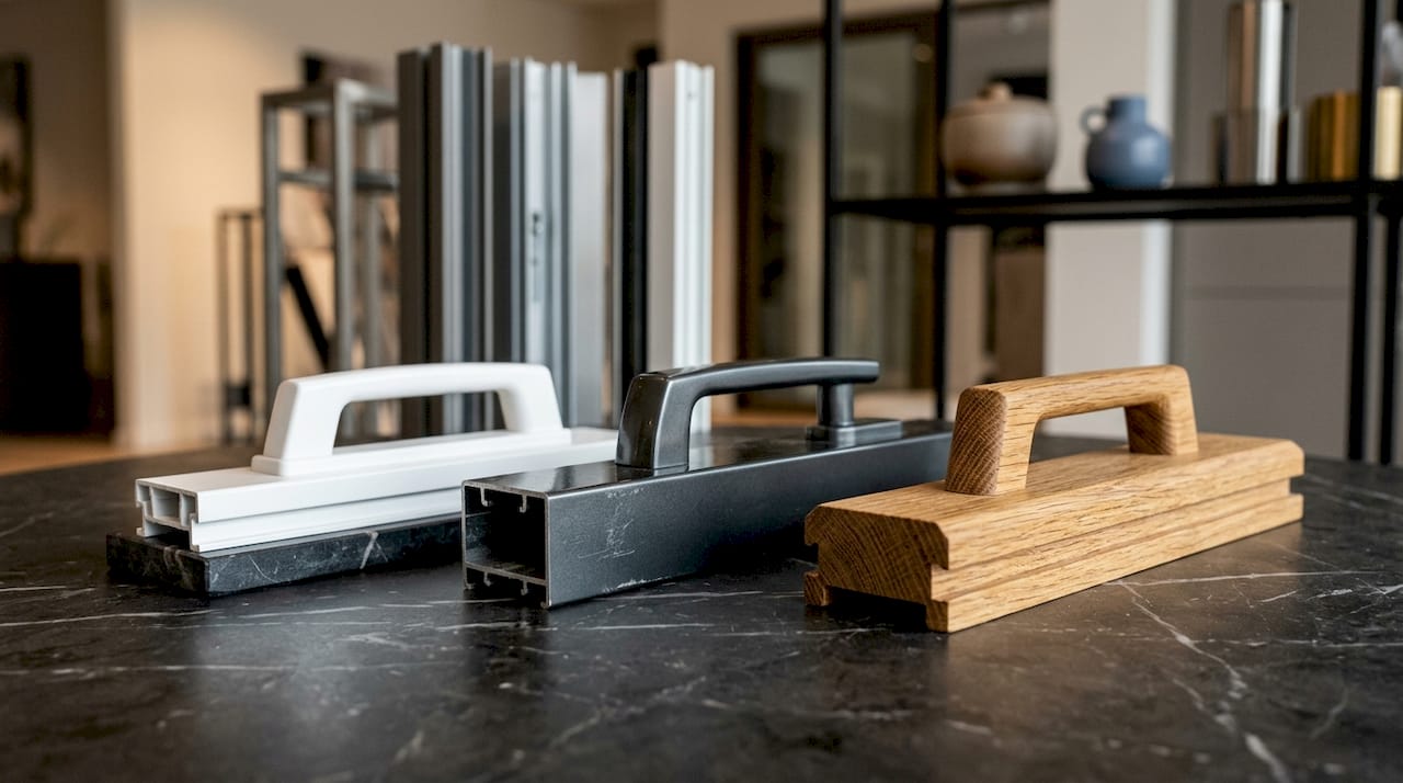 Kunststof, aluminium en houten schuifpuien voorzien van bijpassende handgrepen