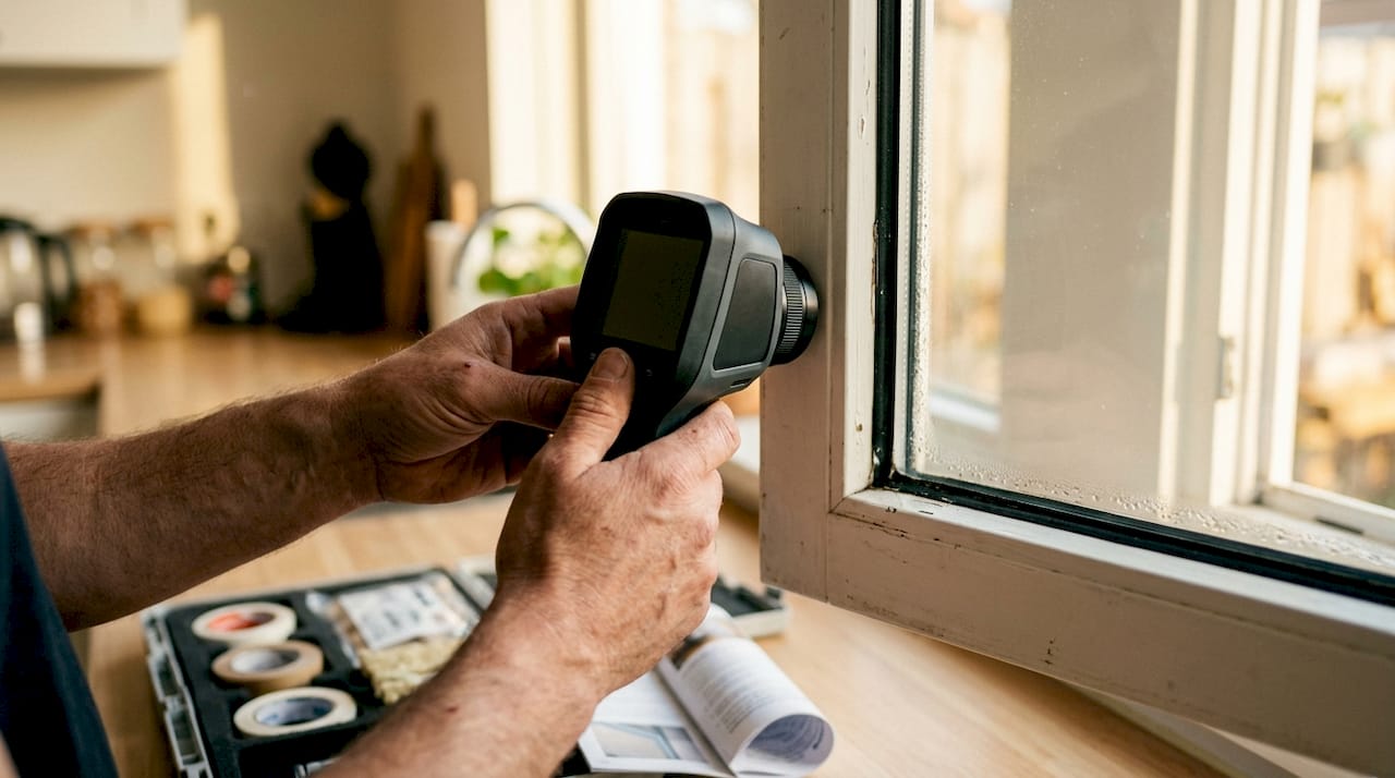 Een specialist controleert het kozijn met een warmtecamera om eventuele tocht of warmteverlies op te sporen.