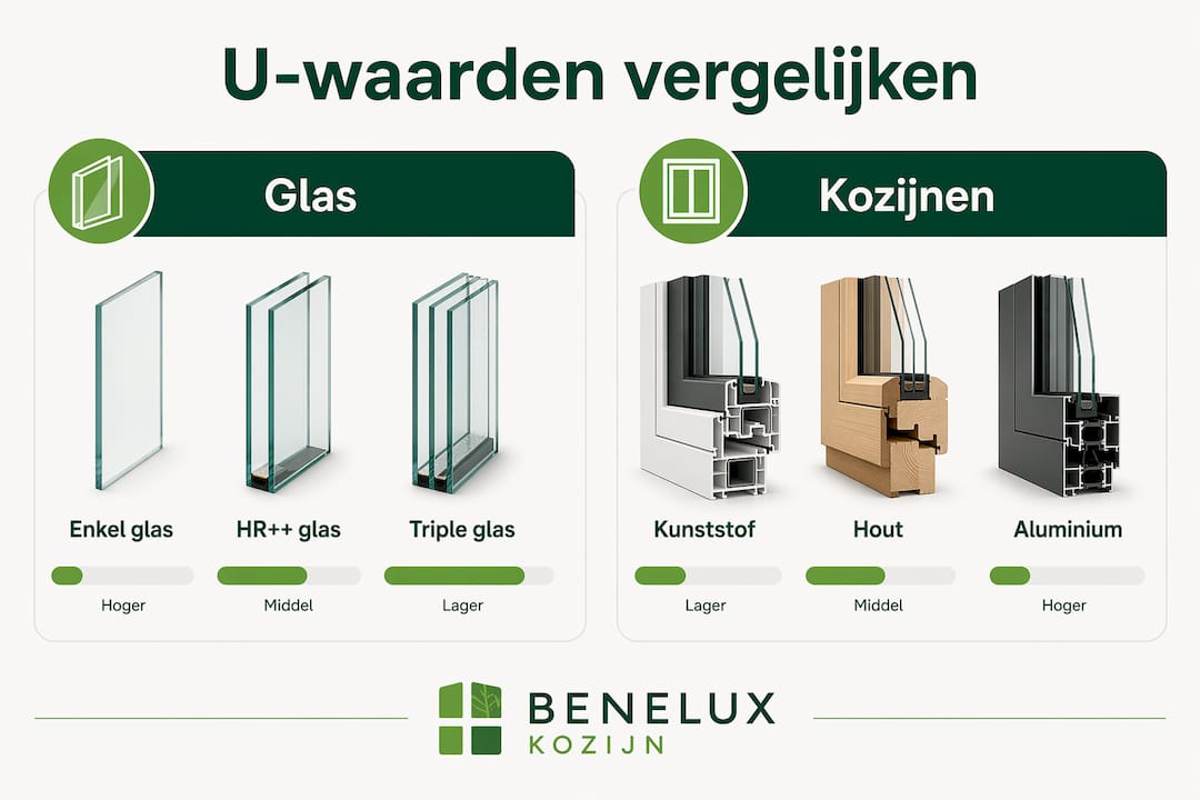 Infographic: Vergelijking van U-waarden tussen glas en kozijnen