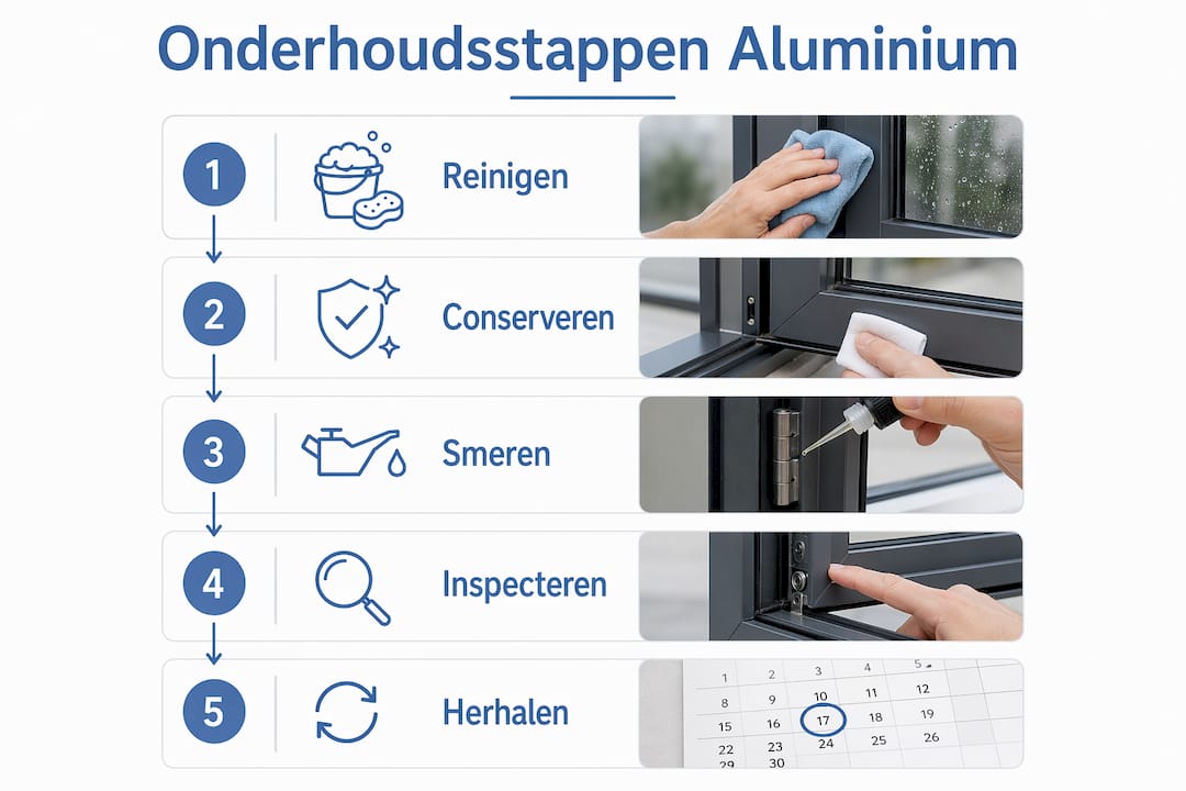 Overzichtelijke infographic met praktische stappen voor het onderhouden van aluminium ramen