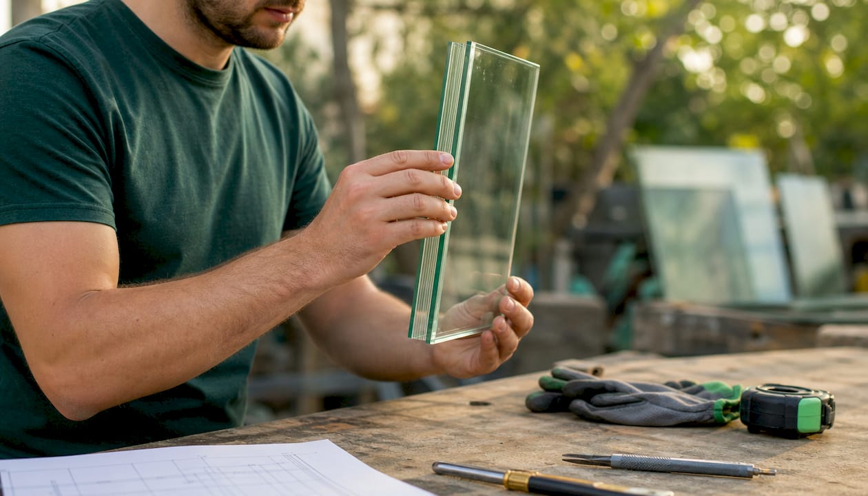 Detailopname van gelaagd glas met zicht op de tussenlaag