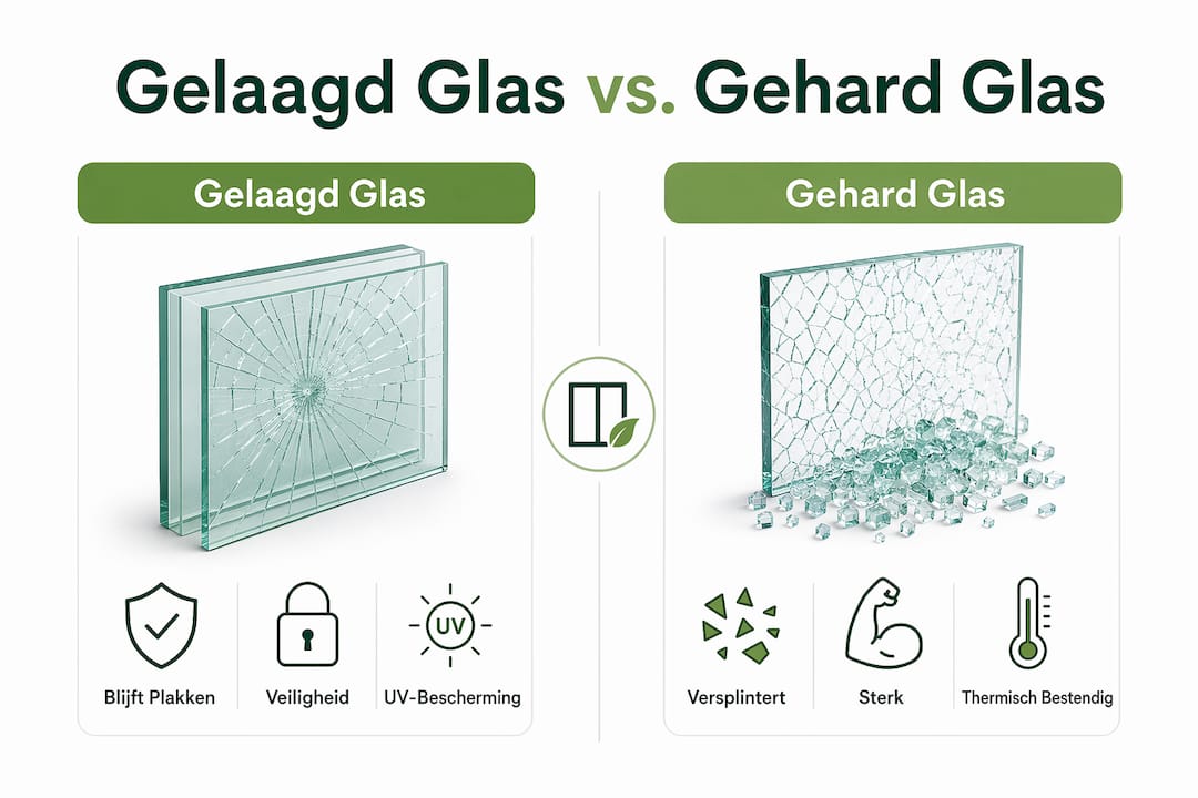 Overzichtelijke infographic: de verschillen tussen gelaagd en gehard glas op een rij