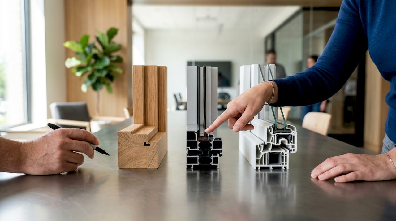 Handen die verschillende materialen voor kozijnen met elkaar vergelijken