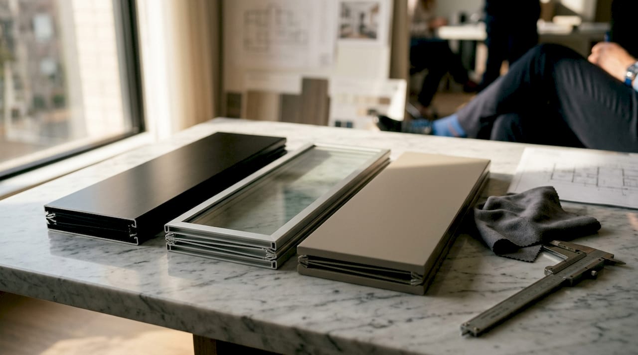 Een gedetailleerde blik op verschillende materiaalstalen voor deurpanelen die op tafel liggen.