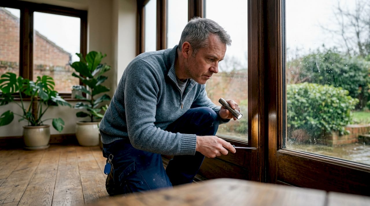 Een woningeigenaar bekijkt het houten kozijn om te zien of er beschadigingen zijn.