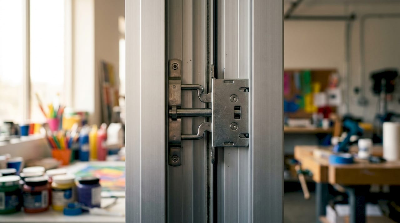 Detailopname van het meerpuntssluitwerk op een dubbele deur