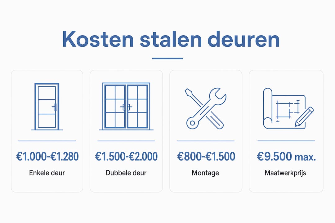 Overzichtelijke infographic met prijsindicaties per type stalen deur en de bijbehorende montagekosten
