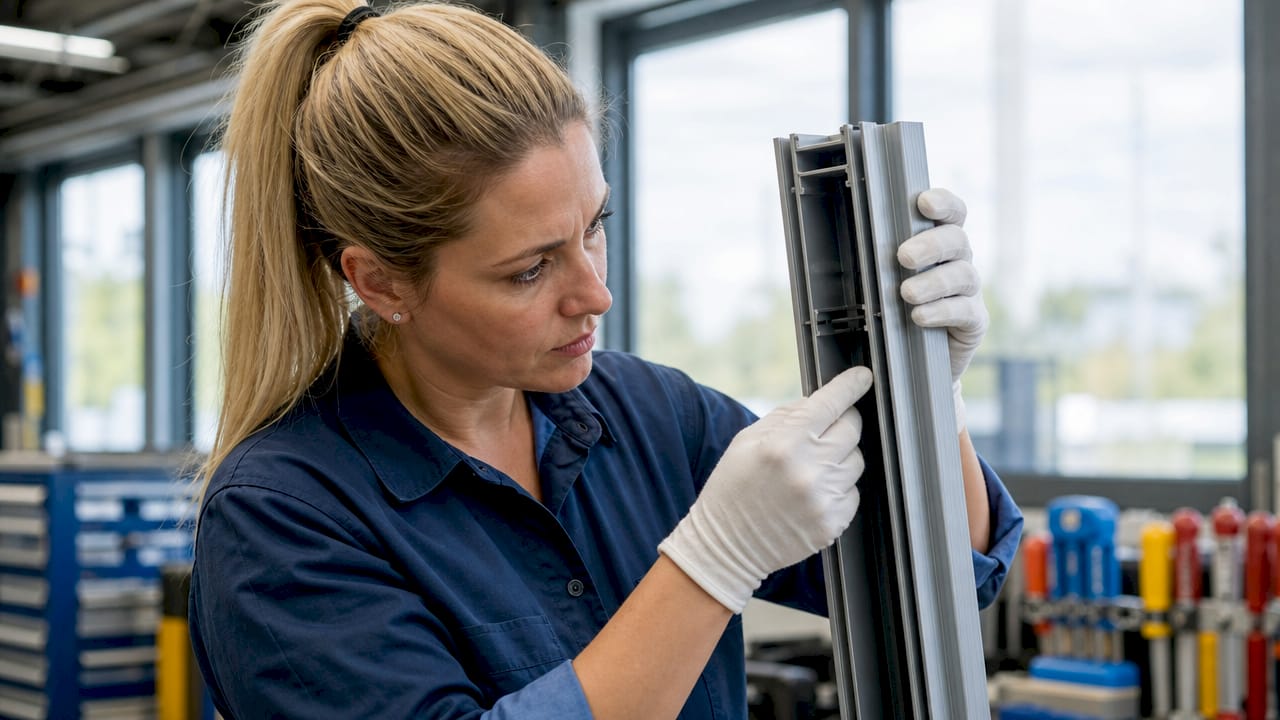 Een monteur controleert de isolatie van een aluminium deur.