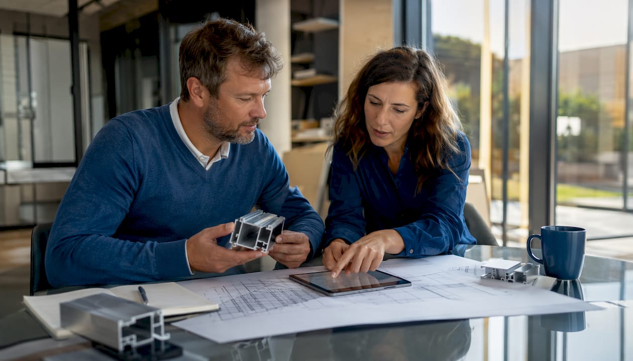 Architecten bekijken een modulair aluminium profielensysteem.