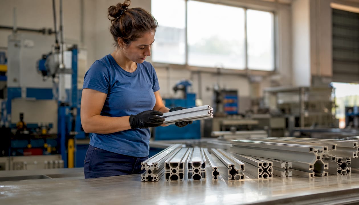 Met zorg worden aluminium profielen door handen gecontroleerd op kwaliteit en afwerking.