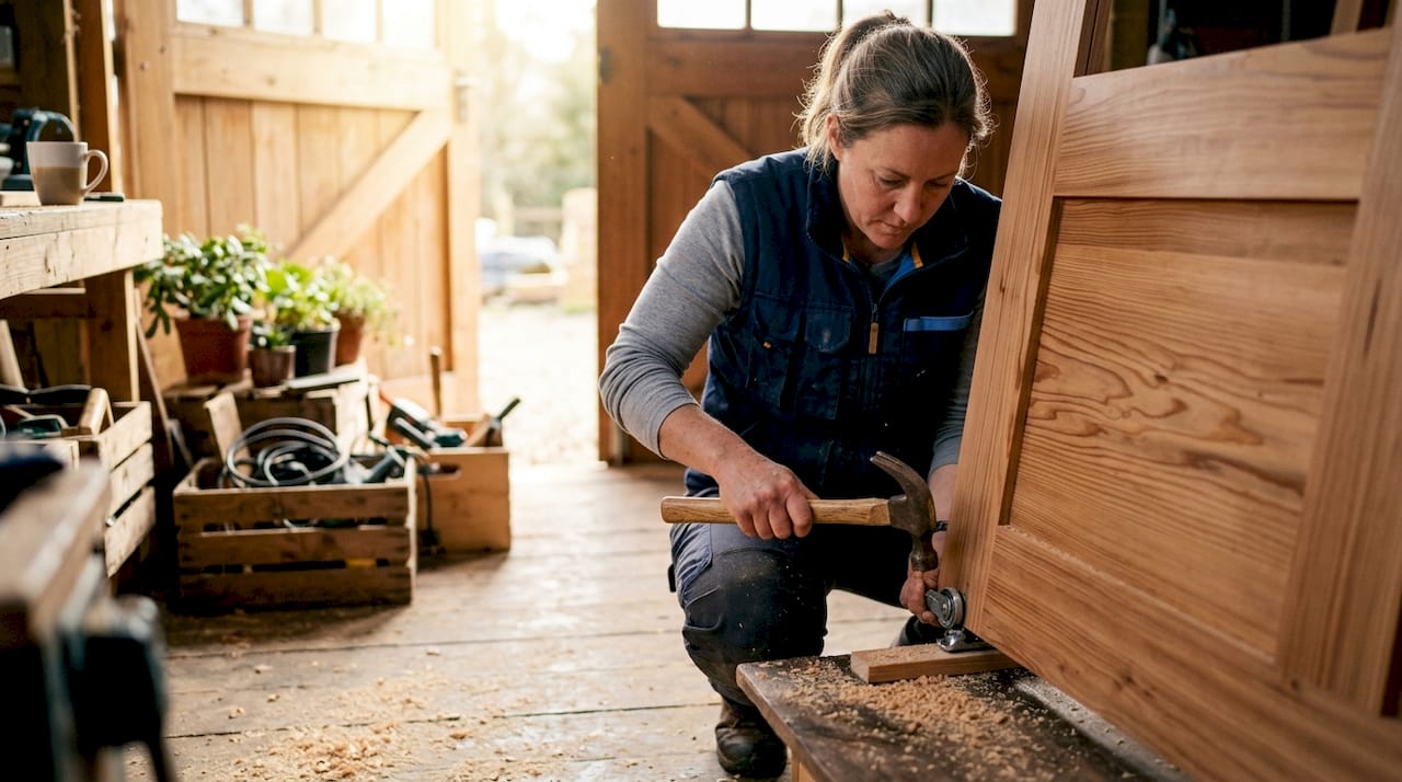 Een vrouw plaatst een houten schuifdeur in haar woning.