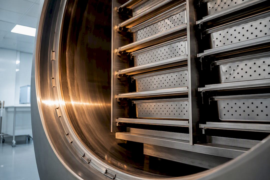 Sterilisation chamber with production trays