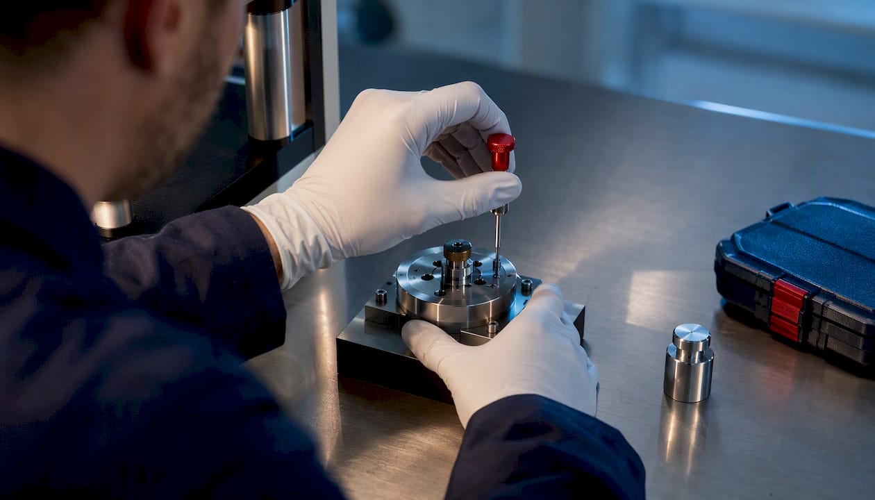 Technician adjusting calibration fixture