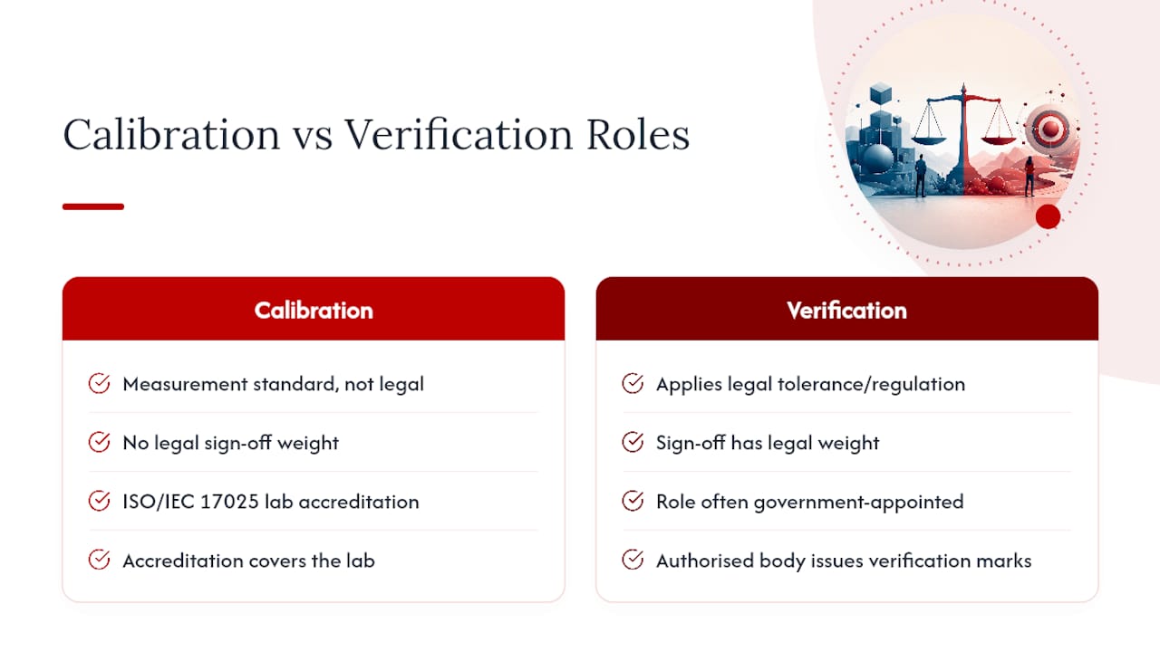 Differences in roles and responsibilities of calibration and verification bodies or technicians — overview diagram