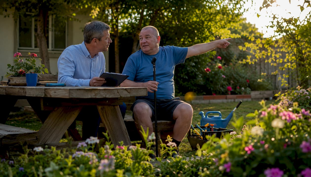 Man discussing yard plans with NDIS coordinator outdoors