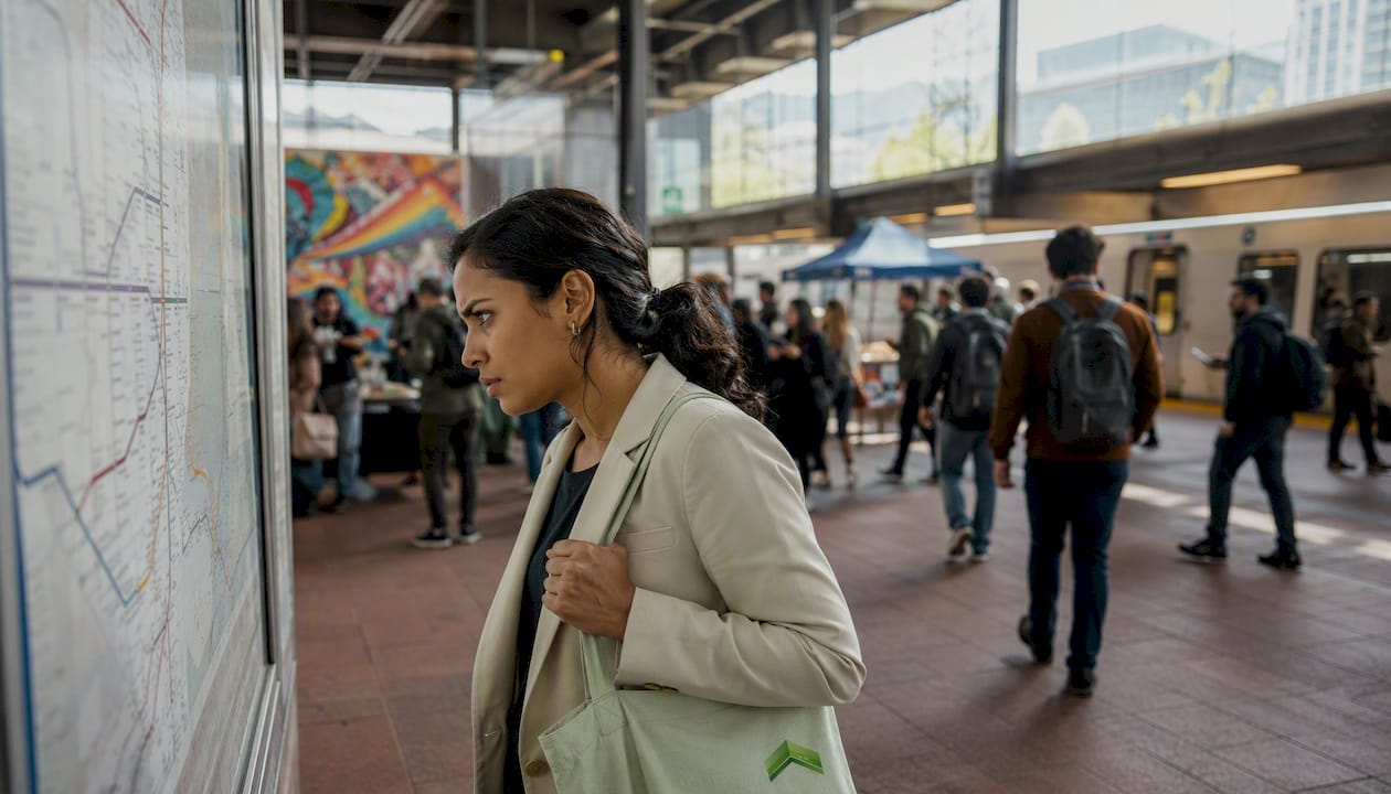 Woman reviewing transit map at Berkeley BART station