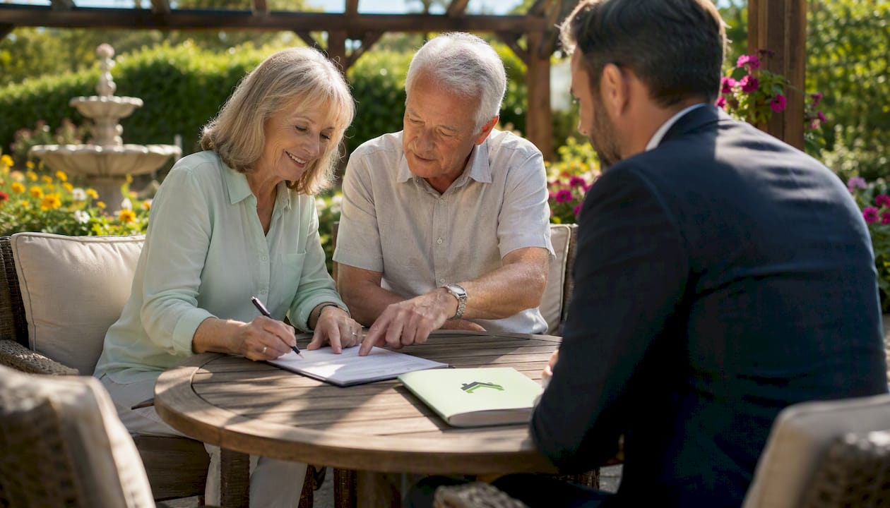 Couple signing mortgage documents with loan officer