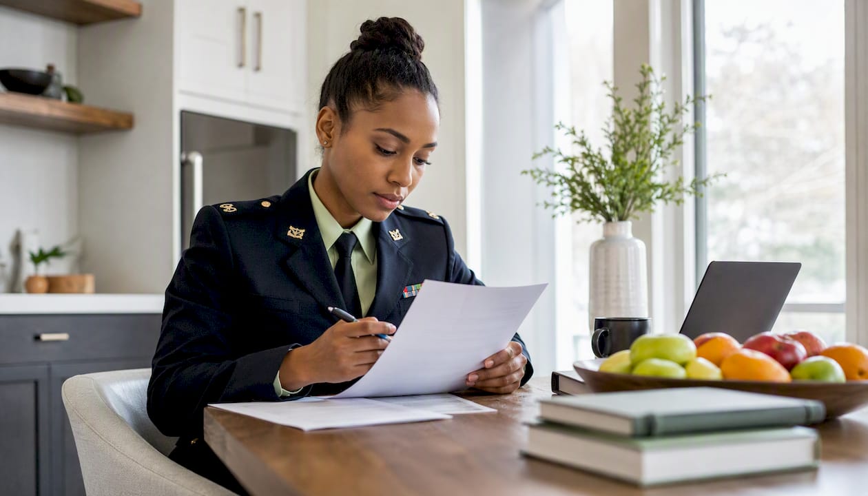 Veteran reviewing eligibility document at home office