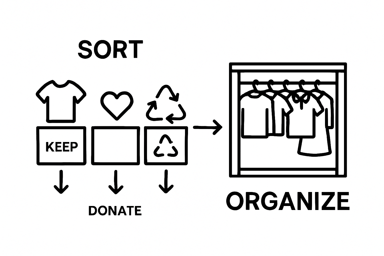 Infographic showing sorting and organizing a wardrobe into categories