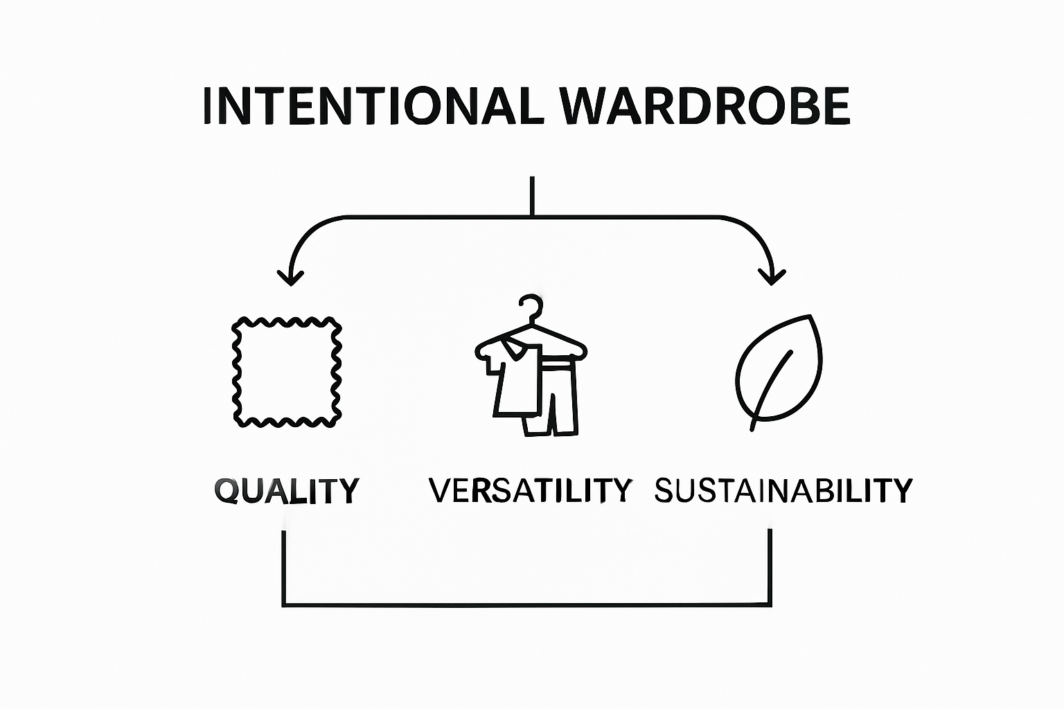 Three pillars of wardrobe: quality, versatility, sustainability with icons