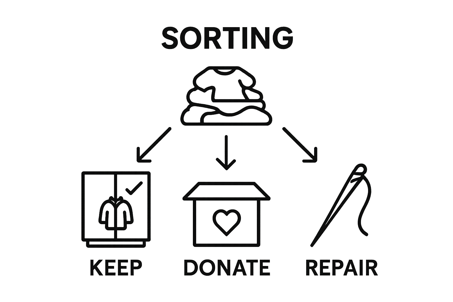 Visual workflow of sorting clothing into keep, donate, and repair piles