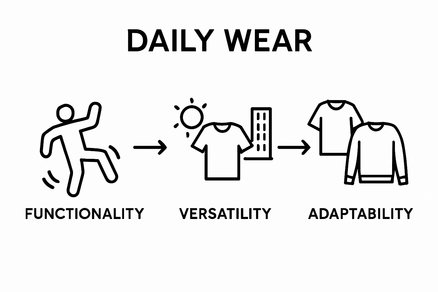 Infographic comparing functionality, versatility, adaptability in daily wear