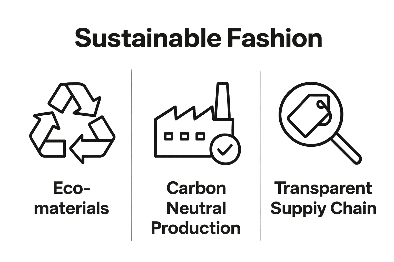 Infographic showing three key sustainable fashion practices: eco-materials, carbon neutral production, transparent supply chain.