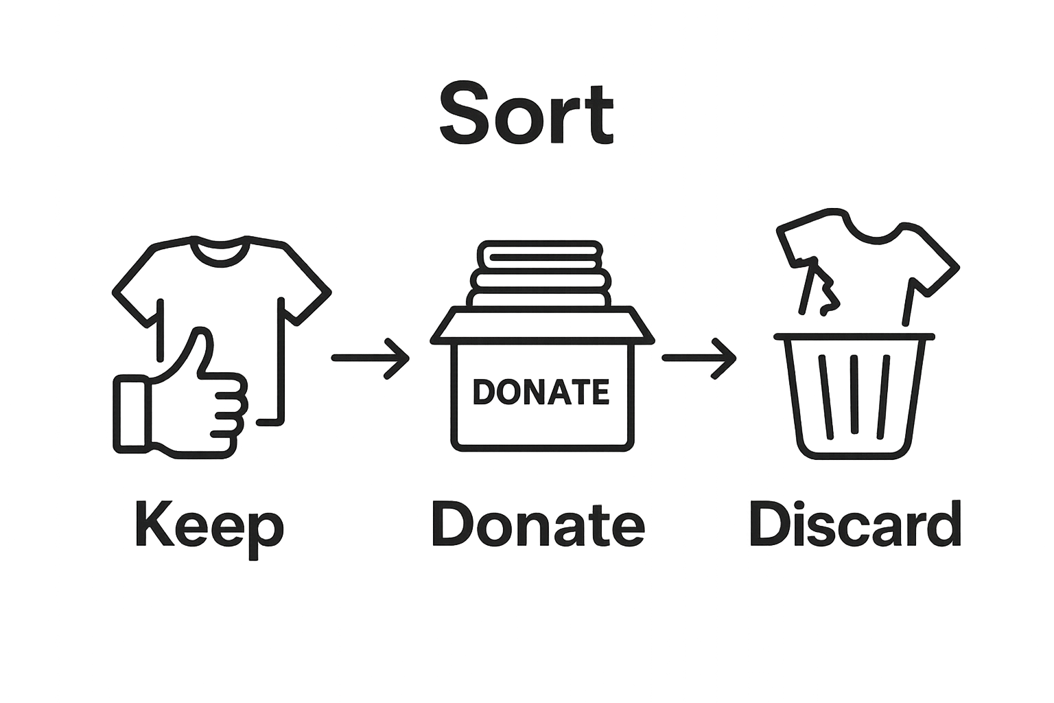Three-step process for sorting wardrobe: keep, donate, discard